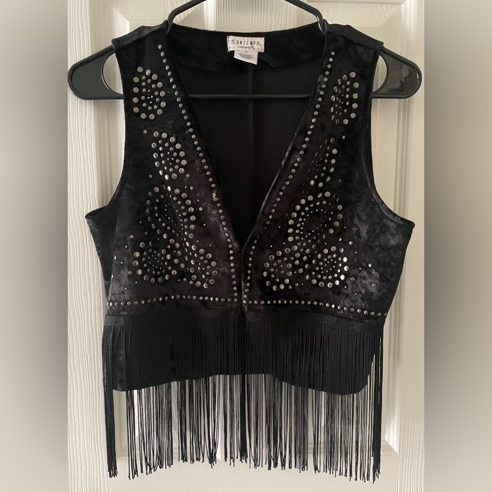 Vintage Contempo Casuals Black Velvet Studded Boho Fringe Vest. Glam. Goth. Y2K.